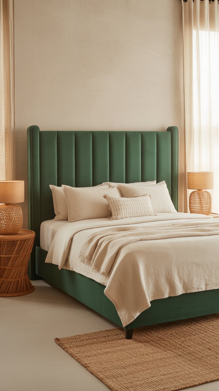 Mix a Velvet Headboard with Woven Side Tables or Rattan Accents