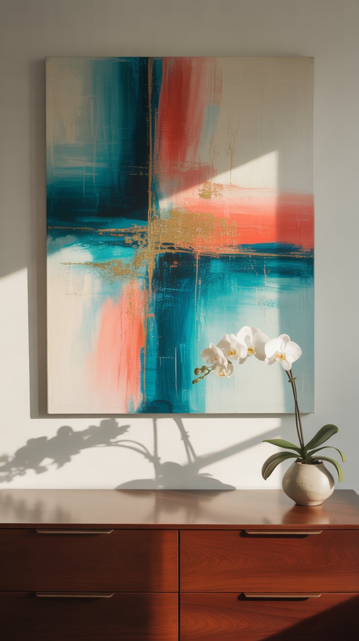 Use Oversized Abstract Art to Offset the Warm Tones
