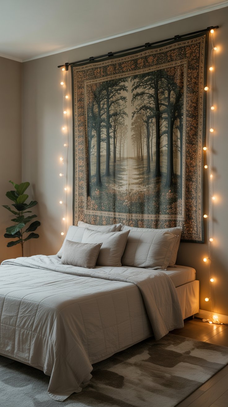 Hang Fabric or Tapestry Behind the Bed for a No-Headboard Statement