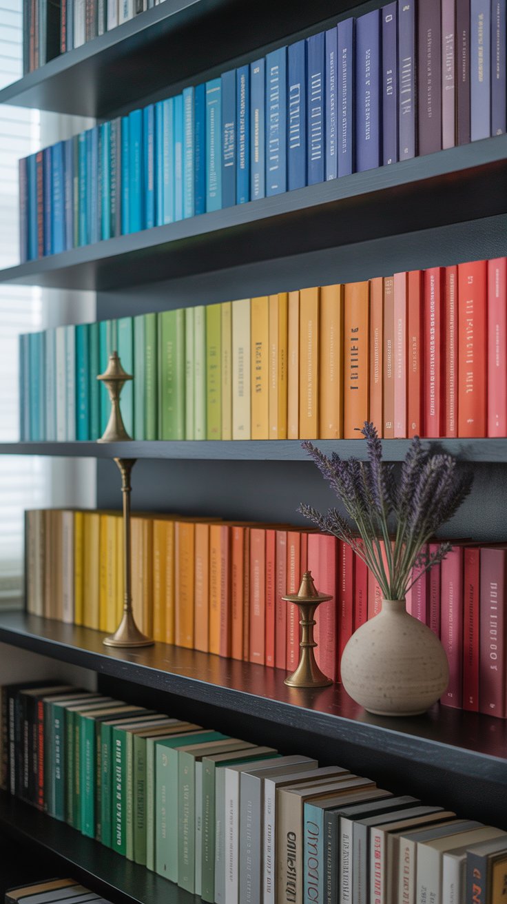 Display Books Backward or Color-Grouped on Open Shelving
