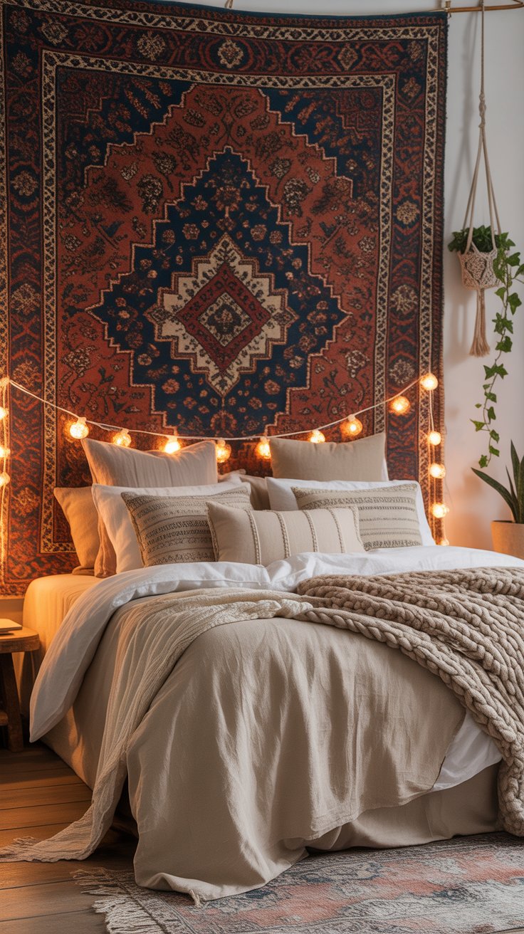 Hang an Oversized Vintage Rug as Wall Art Behind the Bed