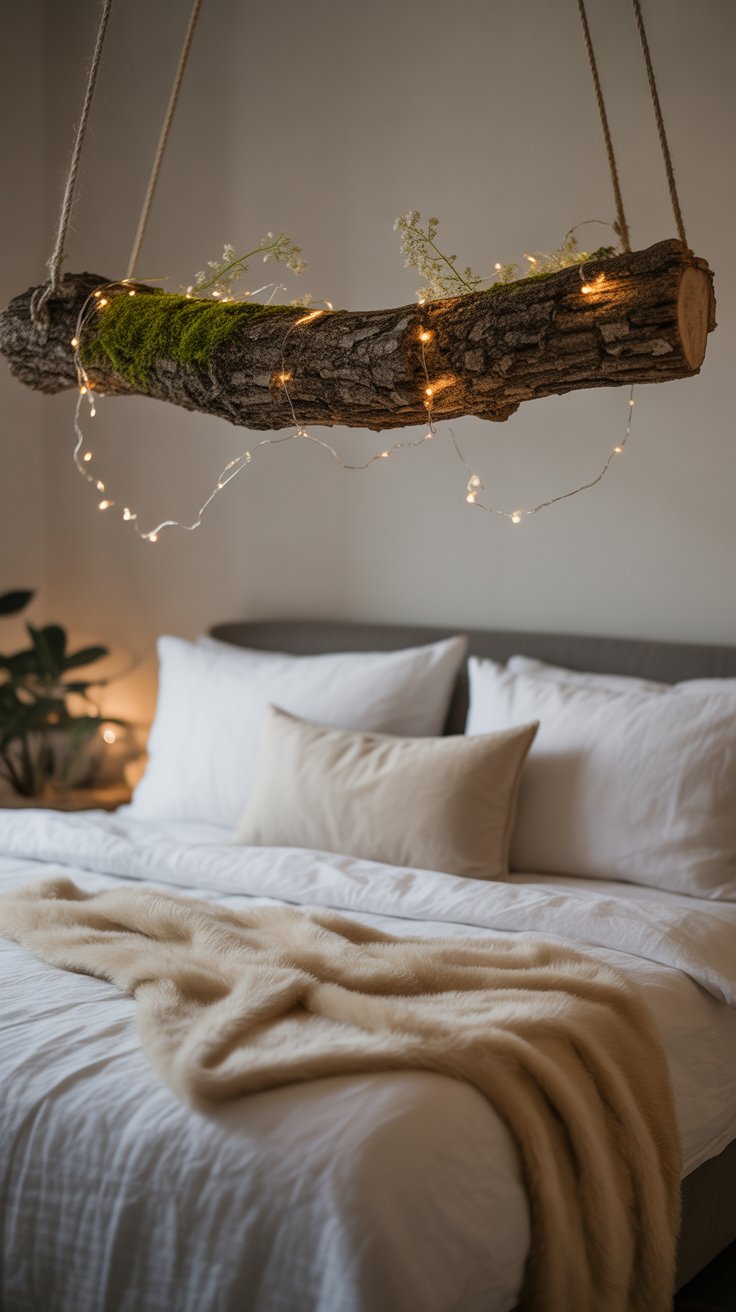 Wrap Fairy Lights Around a Hanging Branch Above the Bed