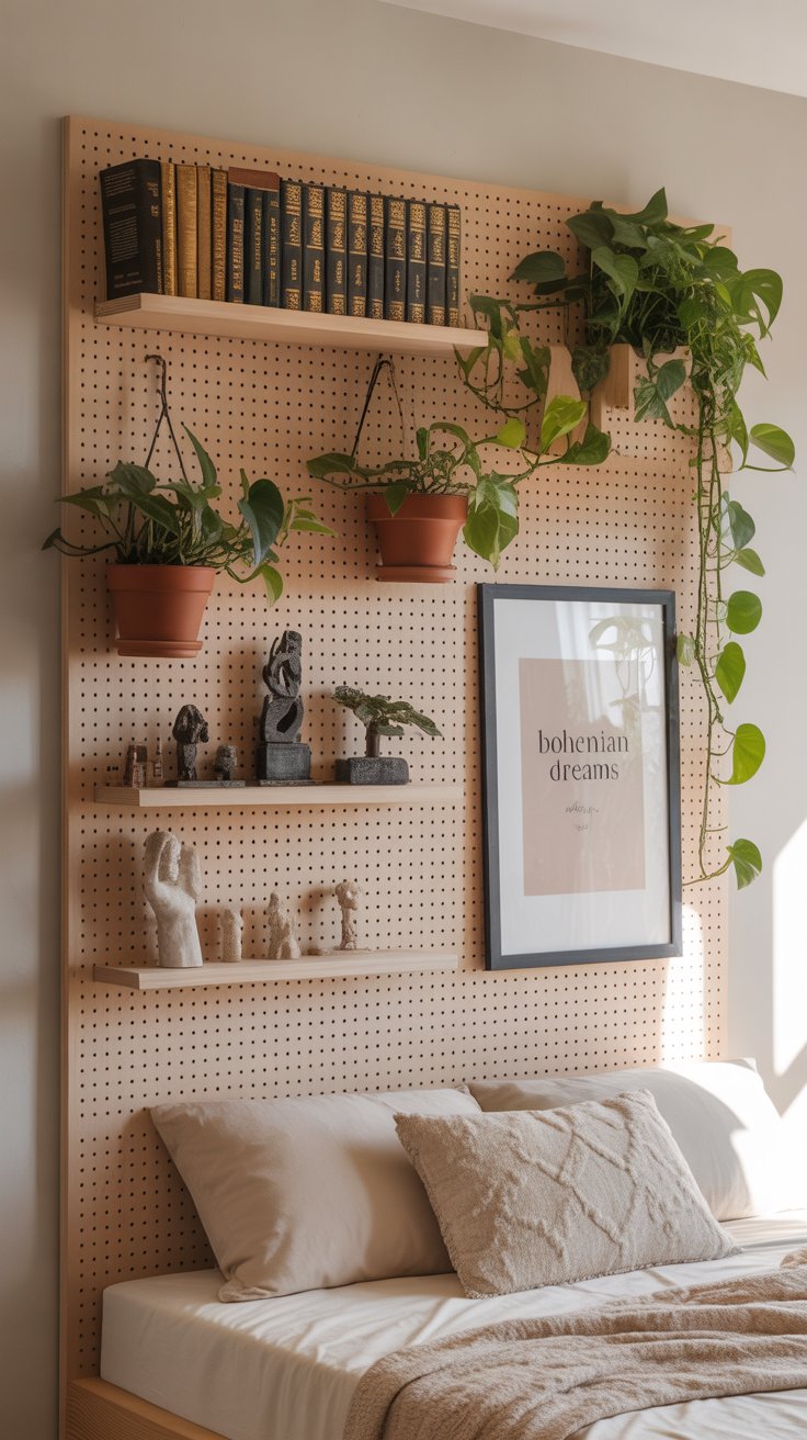 Use a Fold-Out Pegboard Headboard That Doubles as Art & Storage
