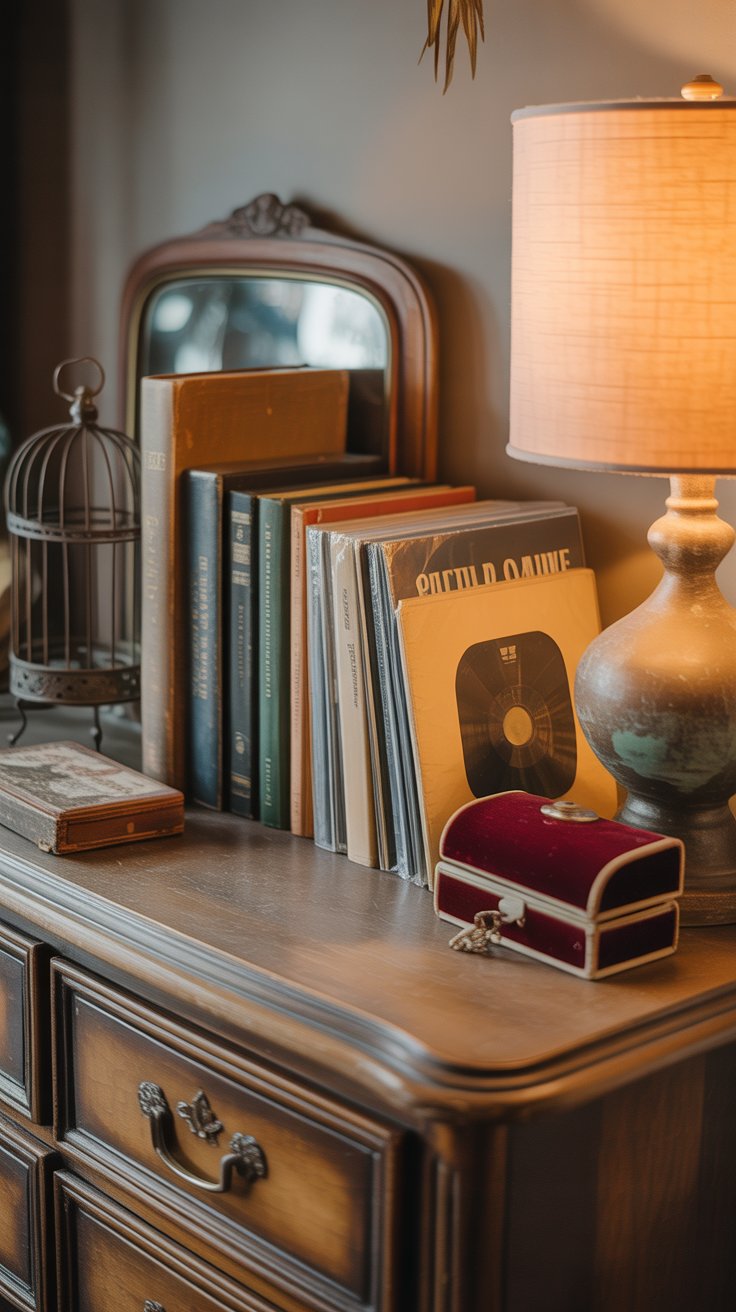 Style Your Dresser with Oddball Flea Market Finds and Framed Album Art