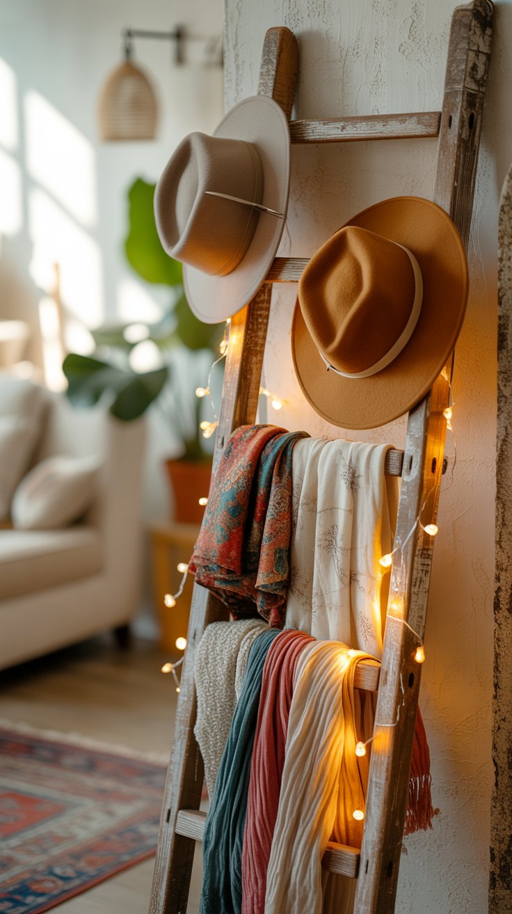 Hang a Vintage Ladder Horizontally for Hanging Hats, Scarves, or Lights
