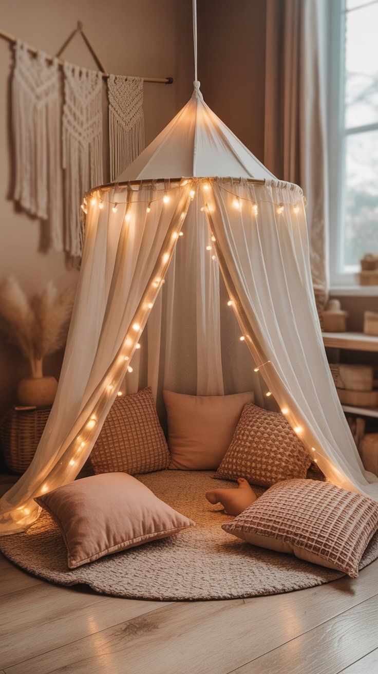 Build a Mini “Reading Tent” with a Hula Hoop, Fabric, and String Lights