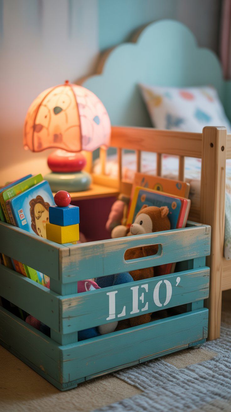 DIY a Personalized Bedside Table from a Painted Crate and Stenciled Name