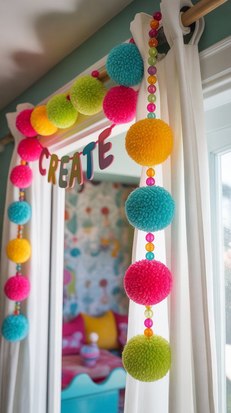 Hang a Pom-Pom Curtain from Yarn and Beads They Help Make Themselves