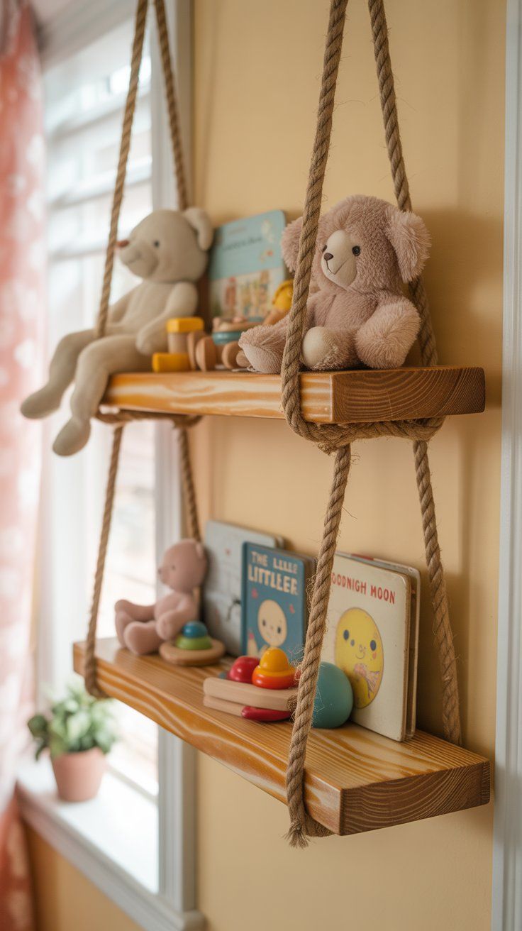 Create a Colorful Rope Ladder Shelf for Their Favorite Stuffies or Books