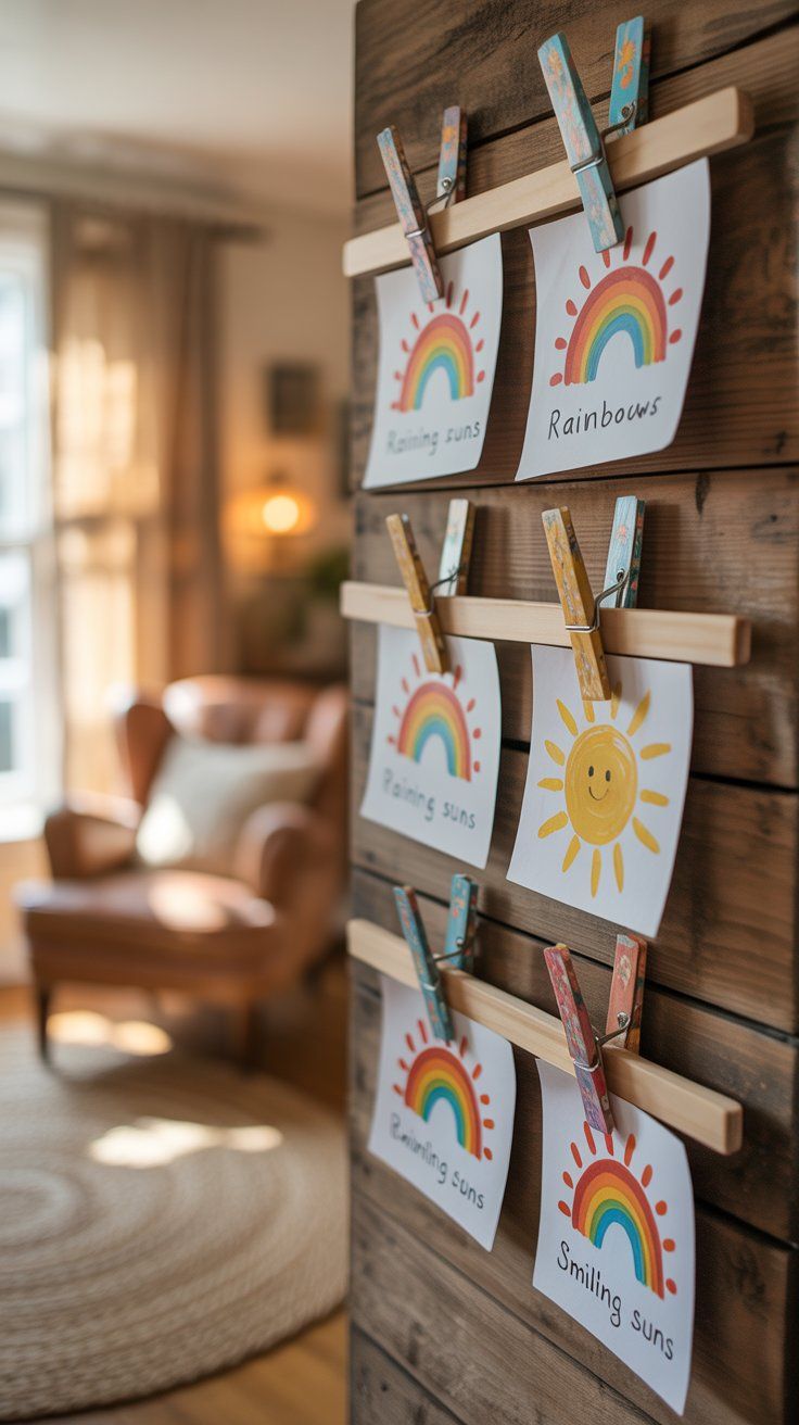 Build a Hanging Art Display with Wooden Hangers and Painted Clothespins