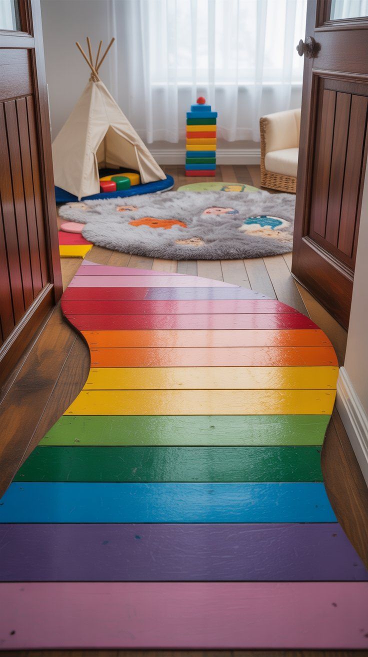 Paint a Rainbow Path on the Floor with Washable Paint or Decals