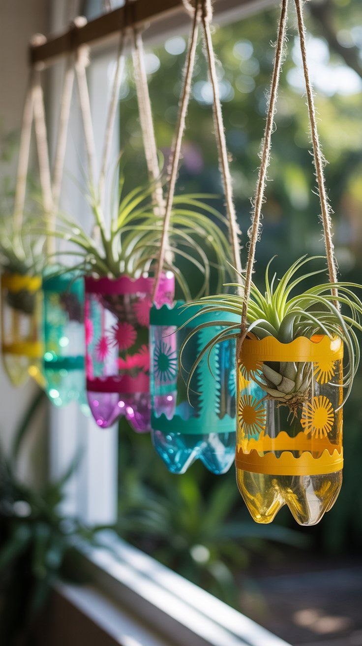Craft Hanging Planters from Painted Plastic Bottles