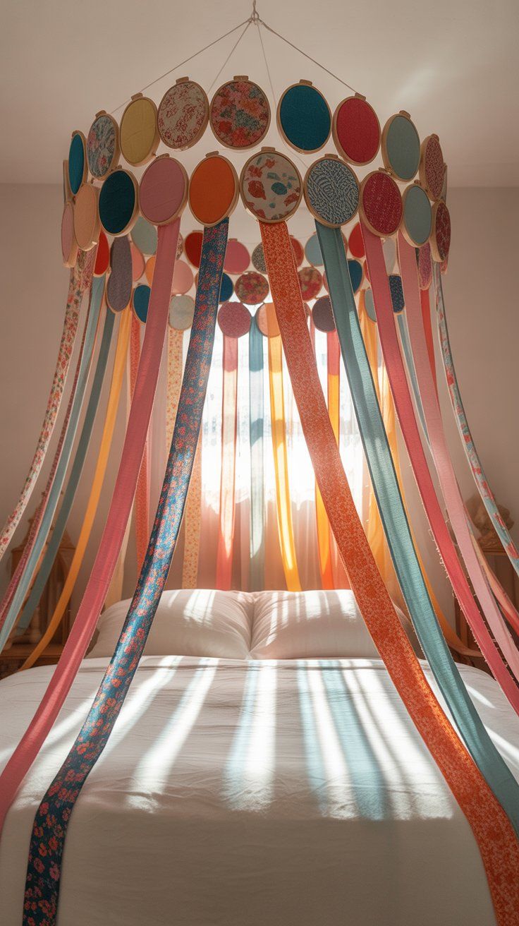 Create an Over-the-Bed Canopy Using Embroidery Hoops and Scrap Fabric
