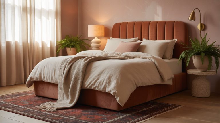 Modern bedroom styled in warm neutrals with a rust-colored, vertically tufted headboard, soft layered bedding in beige tones, and a knit throw draped casually at the foot. A sculptural lamp, gold wall sconce, and potted ferns add texture and elegance, grounded by a patterned rug on light wood flooring.