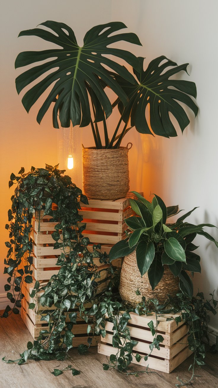 Cozy corner display with large monstera leaves, trailing ivy, and a lush leafy plant, all arranged in woven baskets atop stacked wooden crates. A warm amber glow from a hanging bulb light enhances the natural textures and greenery, creating a serene, earthy vibe.