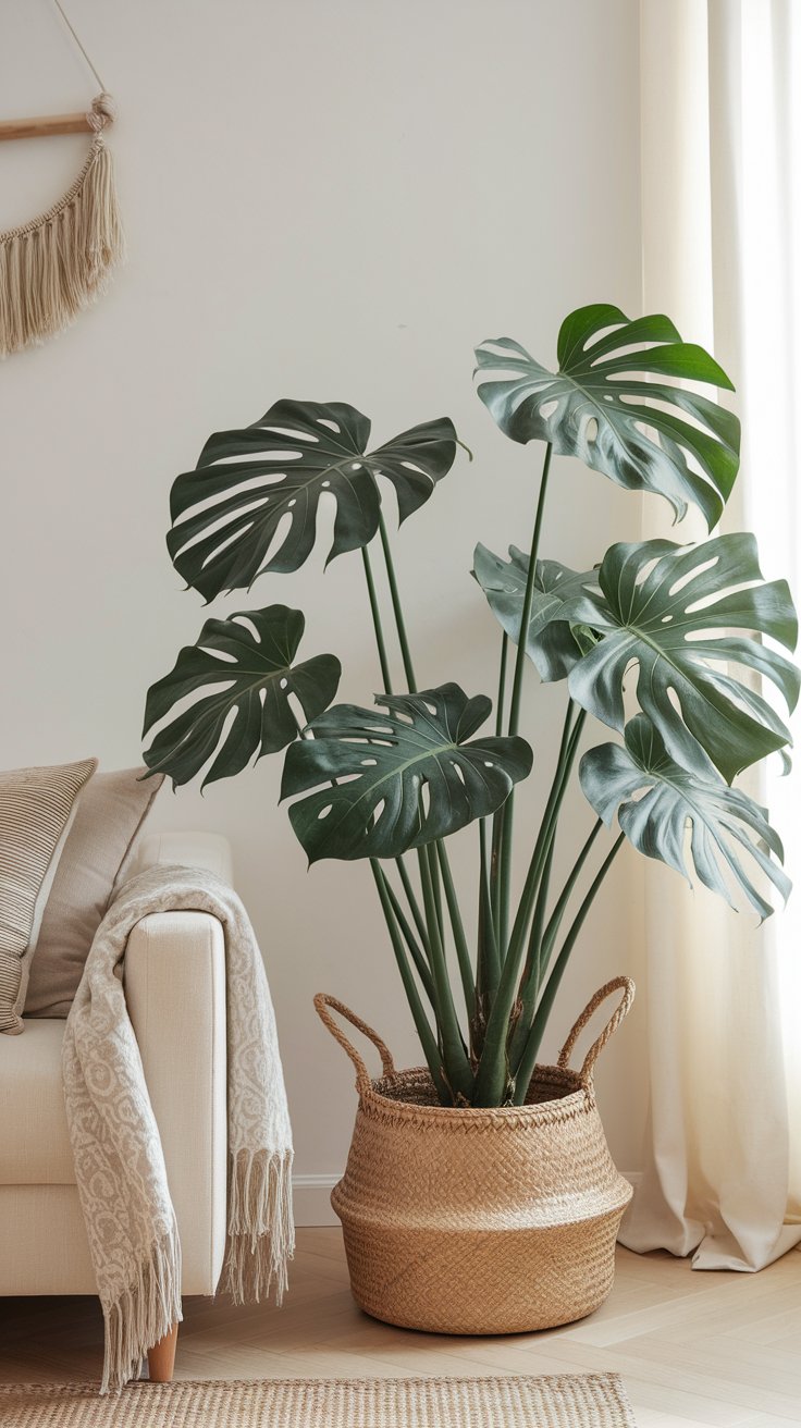 Large monstera plant with glossy, split leaves sits in a woven basket beside a beige sofa draped with a fringed throw. Soft natural light filters through cream curtains, enhancing the relaxed, boho-inspired living space.