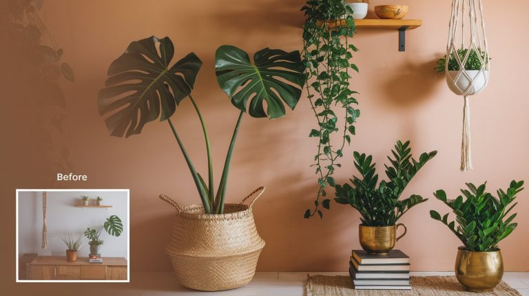 A sunlit boho interior showcasing a dramatic plant makeover. A large Monstera in a woven basket anchors the corner beside a rattan chair draped with a textured throw. Above, a floating shelf displays trailing Pothos, and a macramé hanger dips into view with cascading greenery. Styled surfaces feature eclectic details like a teacup planter on stacked books and a brass pot holding a leafy plant. A translucent overlay reveals a faded "before" version with a plain, empty corner, highlighting the transformation.