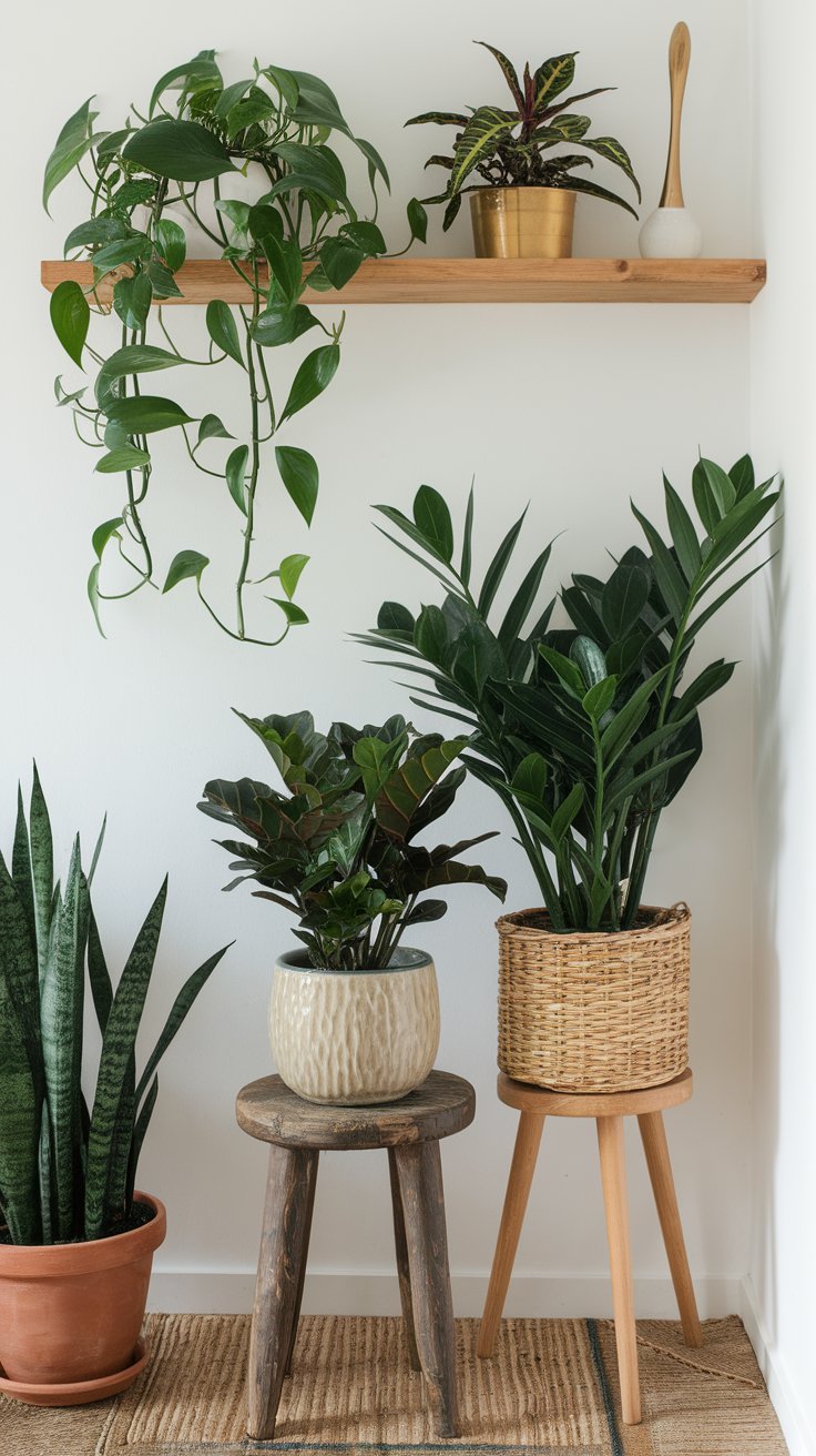 Cozy plant-filled corner with a wooden wall shelf holding a trailing pothos and a croton in a gold pot. Below, a snake plant, ZZ plant, and fiddle leaf fig are arranged in ceramic and woven planters atop stools and a natural fiber rug, creating a fresh, vibrant indoor garden vibe