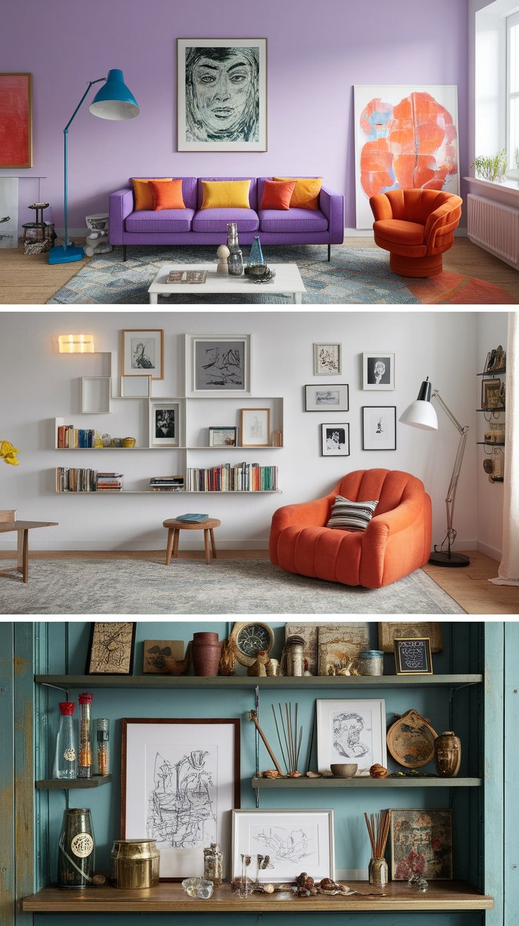 Three eclectic interior spaces stacked vertically: the top features a bold living room with lavender walls, a purple sofa, colorful pillows, and vibrant artwork; the middle showcases a cozy reading nook with floating bookshelves, monochrome art, and a plush orange chair; the bottom displays a rustic shelf vignette with teal walls, framed line drawings, incense, and an assortment of vintage treasures.