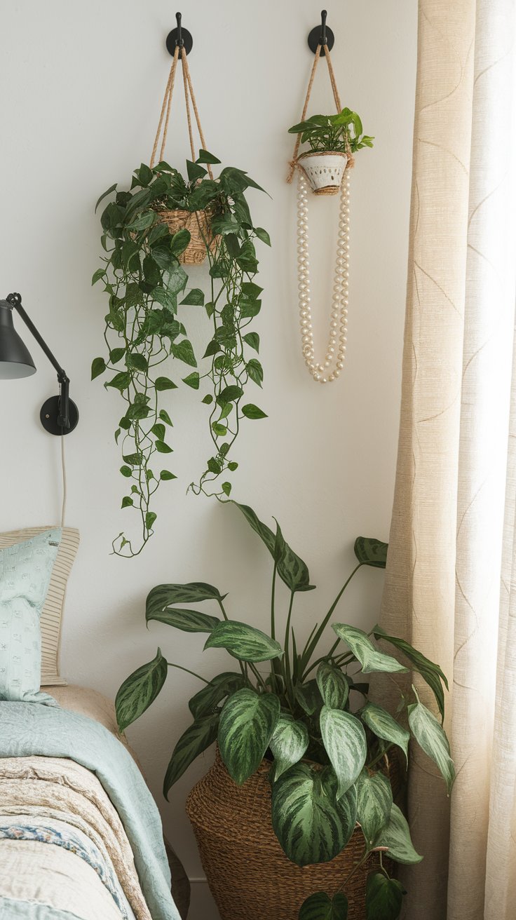 Cozy bedroom corner featuring a hanging pothos plant in a woven basket, a small potted plant with pearl-like beads draped around it, and a large prayer plant in a textured wicker basket on the floor. Soft natural light filters through beige curtains, adding to the calming, earthy aesthetic.