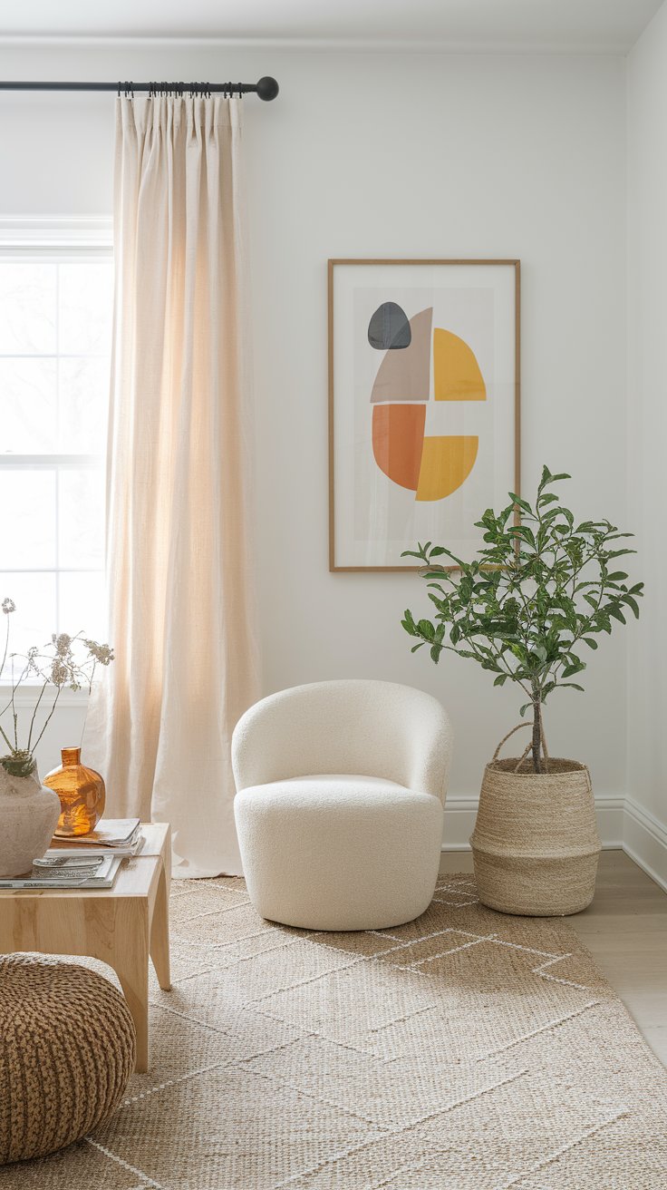 Bright and airy corner with a curved white boucle chair, a woven basket planter holding a leafy indoor tree, and a soft geometric jute rug. A minimalist wood coffee table with amber vases and dried florals sits nearby, under a framed abstract print in warm earthy tones.