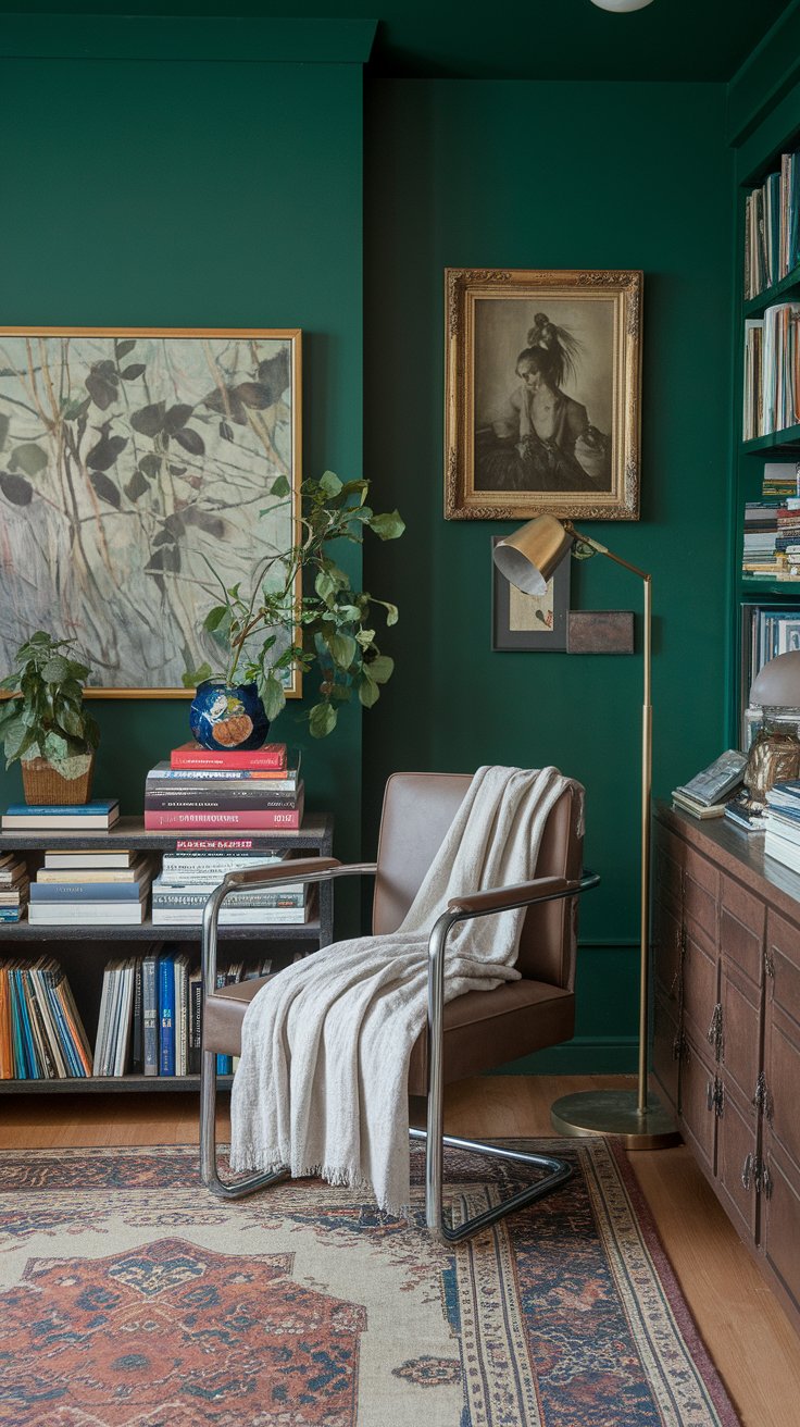 Sophisticated reading nook with emerald green walls, a leather and chrome chair draped with a cream throw, and a brass floor lamp. Surrounded by vintage art, leafy plants, stacked books, and a Persian-style rug, the space blends cozy and intellectual charm.