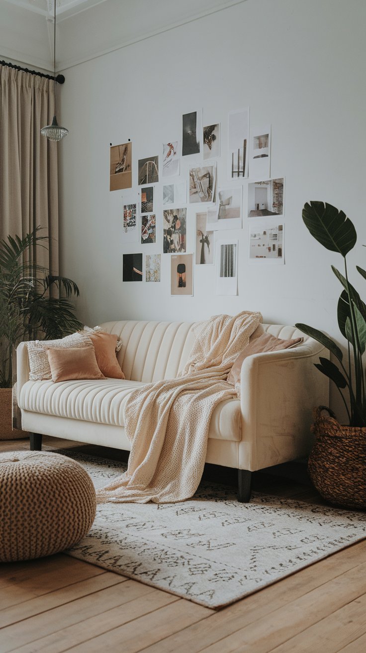Cozy living room with a tufted cream sofa layered with textured throw pillows and a knit blanket, set against a white wall decorated with a collage of art prints and photos. The space features a patterned rug, a woven pouf, large leafy plants in baskets, and soft natural lighting for a relaxed, boho vibe.
