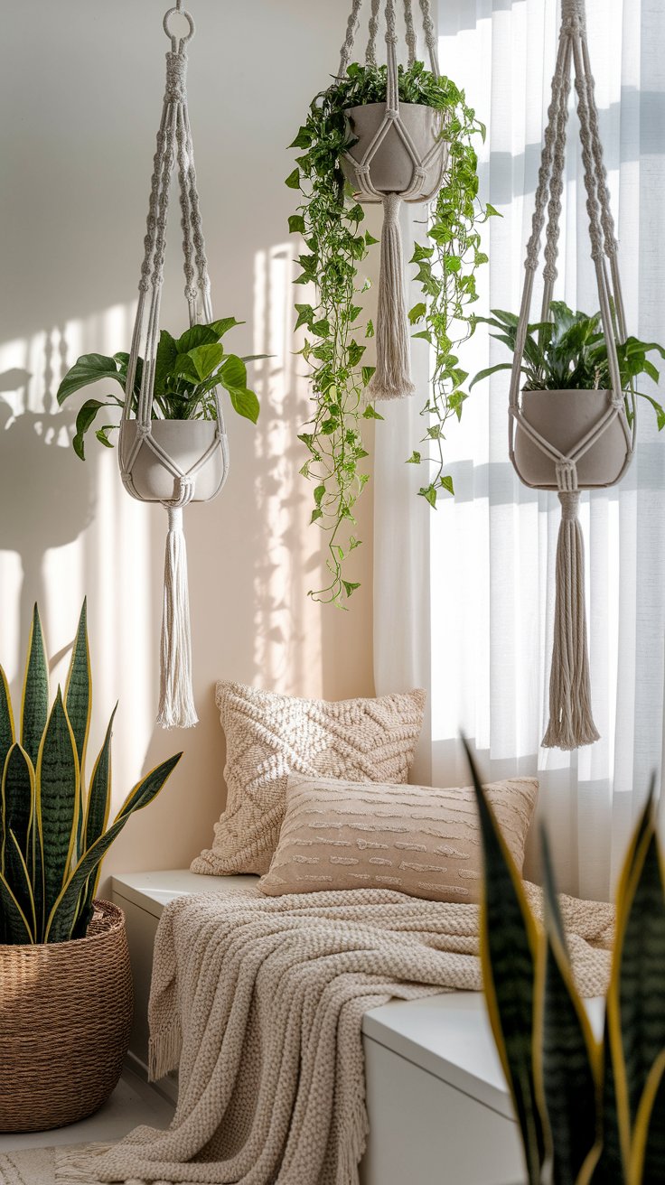 Bright, cozy reading nook with macramé hanging planters holding trailing ivy and leafy houseplants above a cushioned bench. A woven basket planter with tall snake plants and textured beige pillows and knit blankets complete the warm, natural aesthetic.