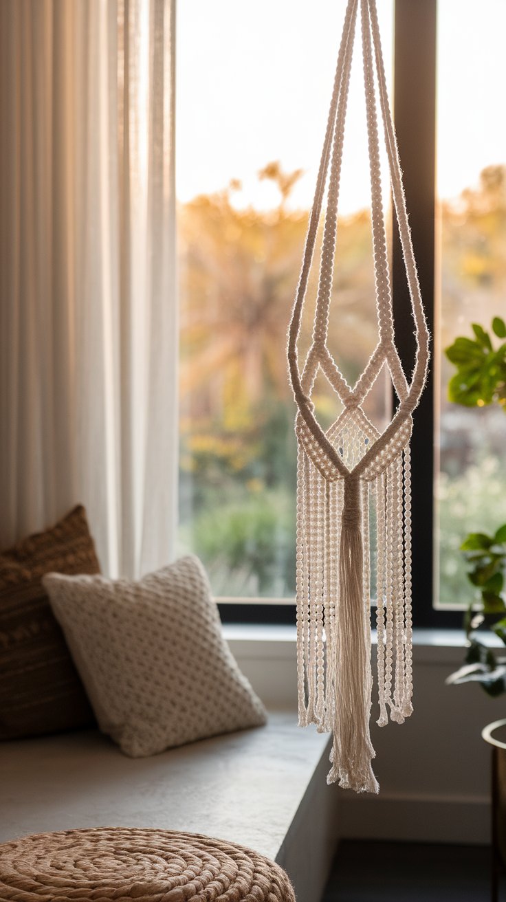 Boho-inspired macramé plant hanger with intricate knots and long fringe hanging near a window, softly lit by the golden glow of sunset. Cozy seating area in the background features textured pillows and a woven floor cushion, adding warmth and comfort to the serene space.