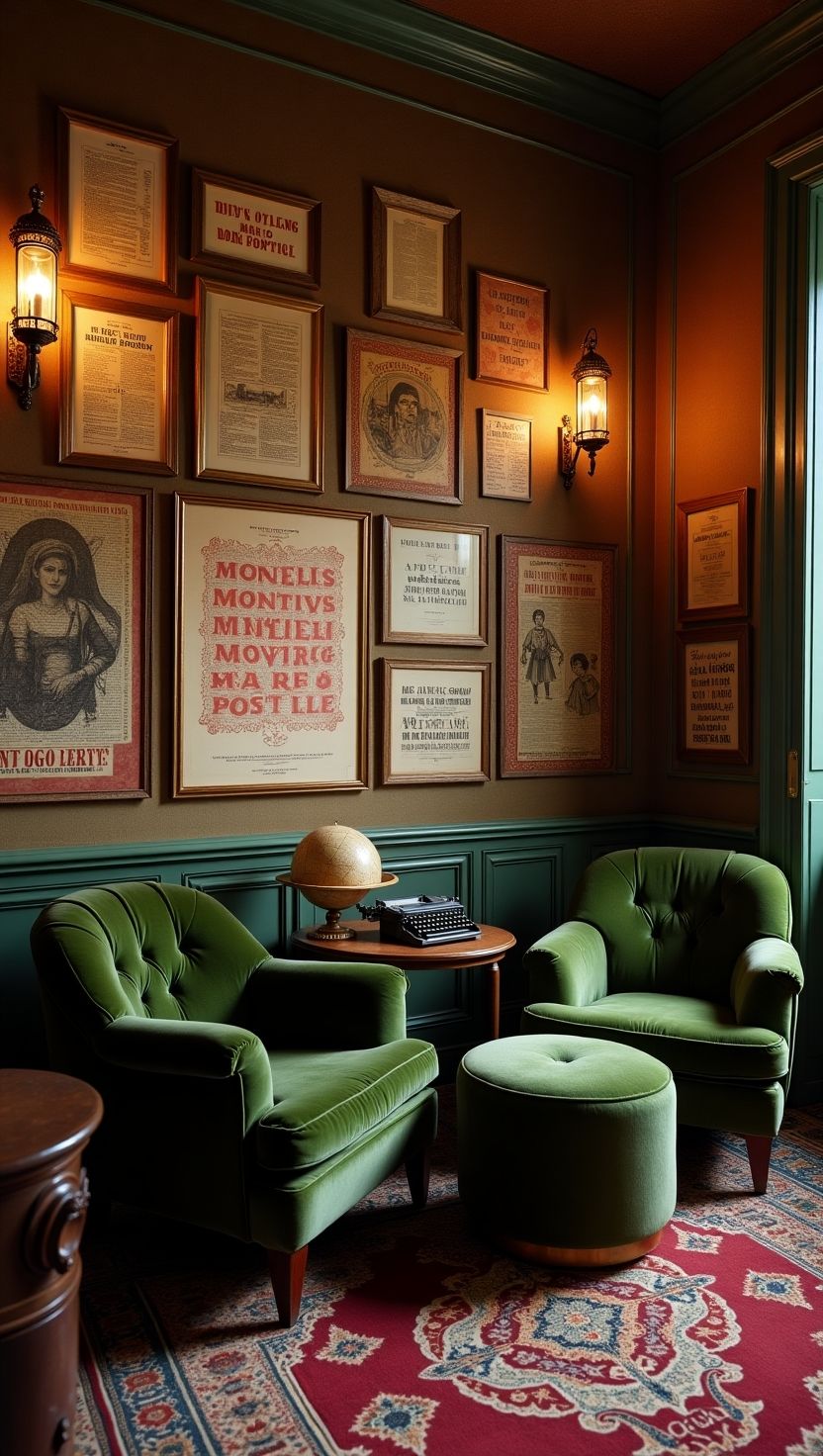 Vintage-inspired library corner with emerald green velvet armchairs, a globe, typewriter, and a wall of framed historical prints, illustrating a deeply personal, intellectual home space.