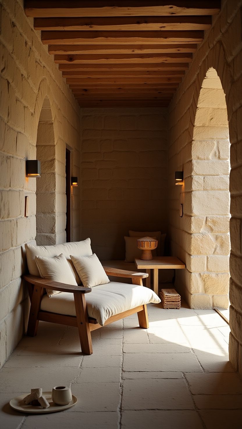 Serene stone hallway with arched windows, wooden ceiling, and minimalist lounge chairs, showcasing calm, earthy design influences with Mediterranean touches.