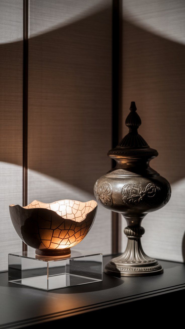 Modern eclectic decor with a glowing cracked ceramic bowl beside an ornate urn on a shelf, emphasizing handcrafted and collected home aesthetics.