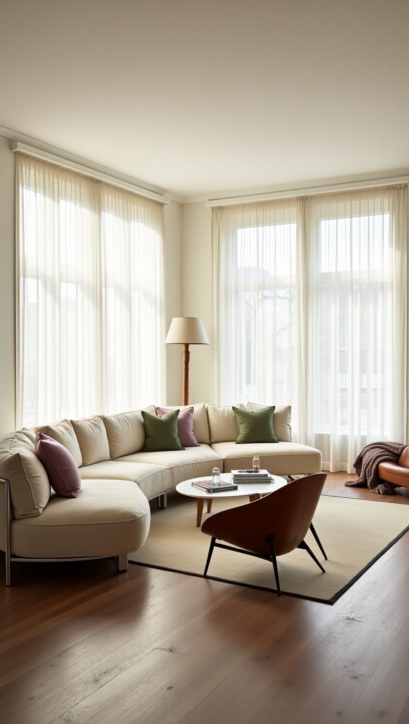 Light-filled modern living room with a white sectional sofa, colorful accent pillows, and minimalistic coffee table styling, blending personality with simplicity.