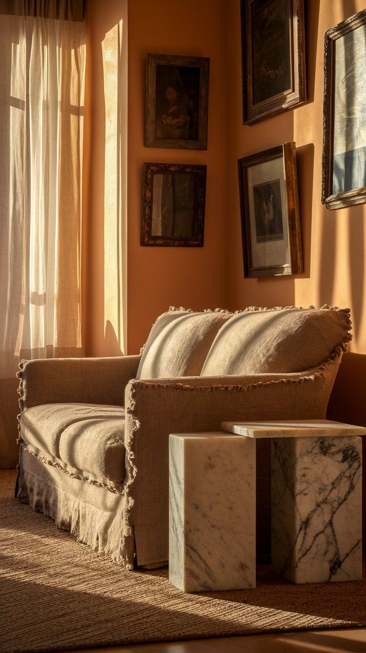 Soft linen armchair beside marble side tables and a gallery wall of vintage art prints bathed in golden hour light, evoking a curated, nostalgic vibe.