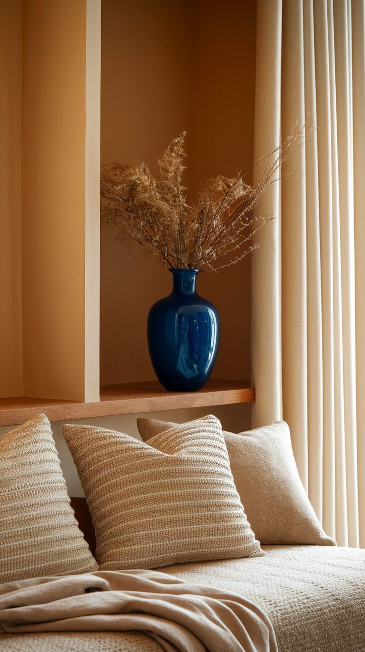 Neutral-toned couch with textured pillows and a striking cobalt blue vase filled with dried grasses, capturing minimalist yet expressive interior styling.