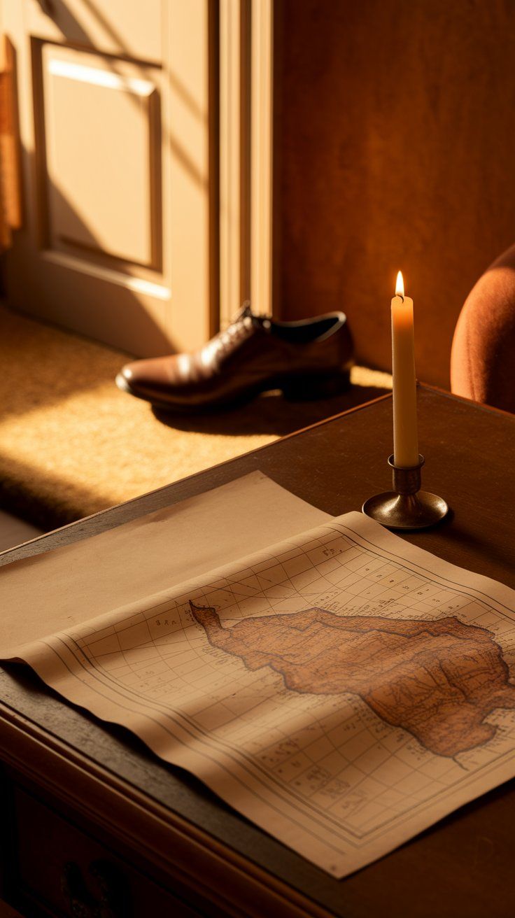 Antique desk setting with a candle-lit map, leather shoe in the background, and vintage ambiance perfect for an old-world explorer-inspired home decor style.