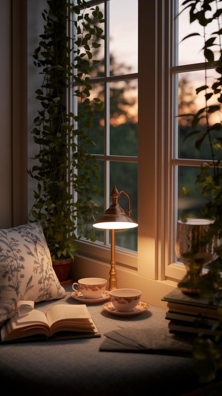 Warm reading nook at sunset with trailing greenery, vintage floral teacups, open books, and soft lighting creating a peaceful, personalized space.