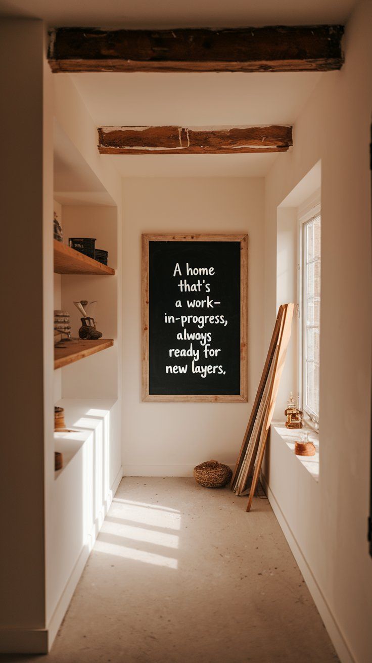 Cozy hallway with exposed wooden beams and a chalkboard sign that reads “A home that’s a work-in-progress, always ready for new layers,” emphasizing a rustic, evolving interior design.