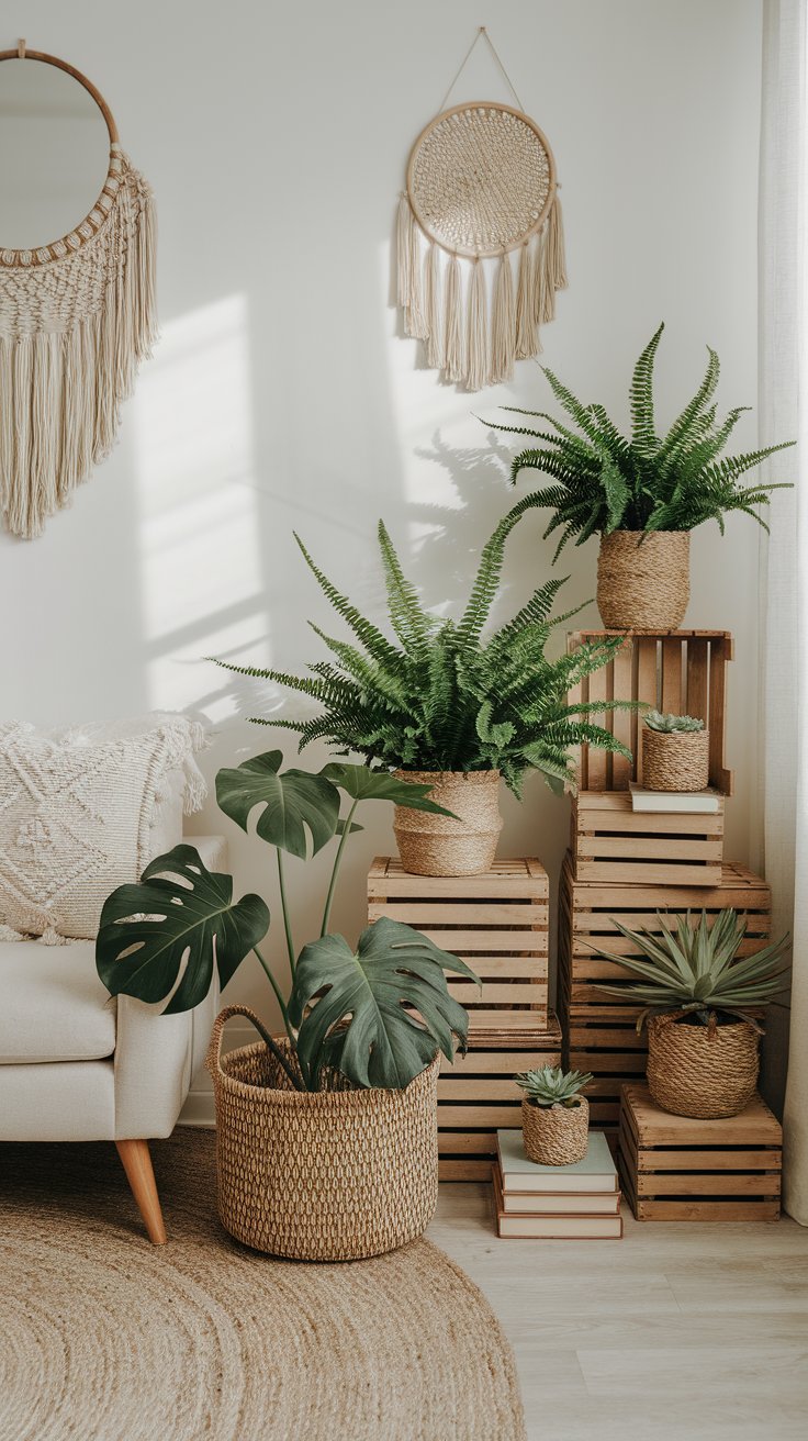 Boho-style living room corner with an arrangement of potted plants including ferns, monstera, succulents, and an agave, displayed in woven baskets and wooden crates. Natural textures like a jute rug, macramé wall hangings, and a beige armchair with a fringed pillow create a warm, earthy atmosphere.