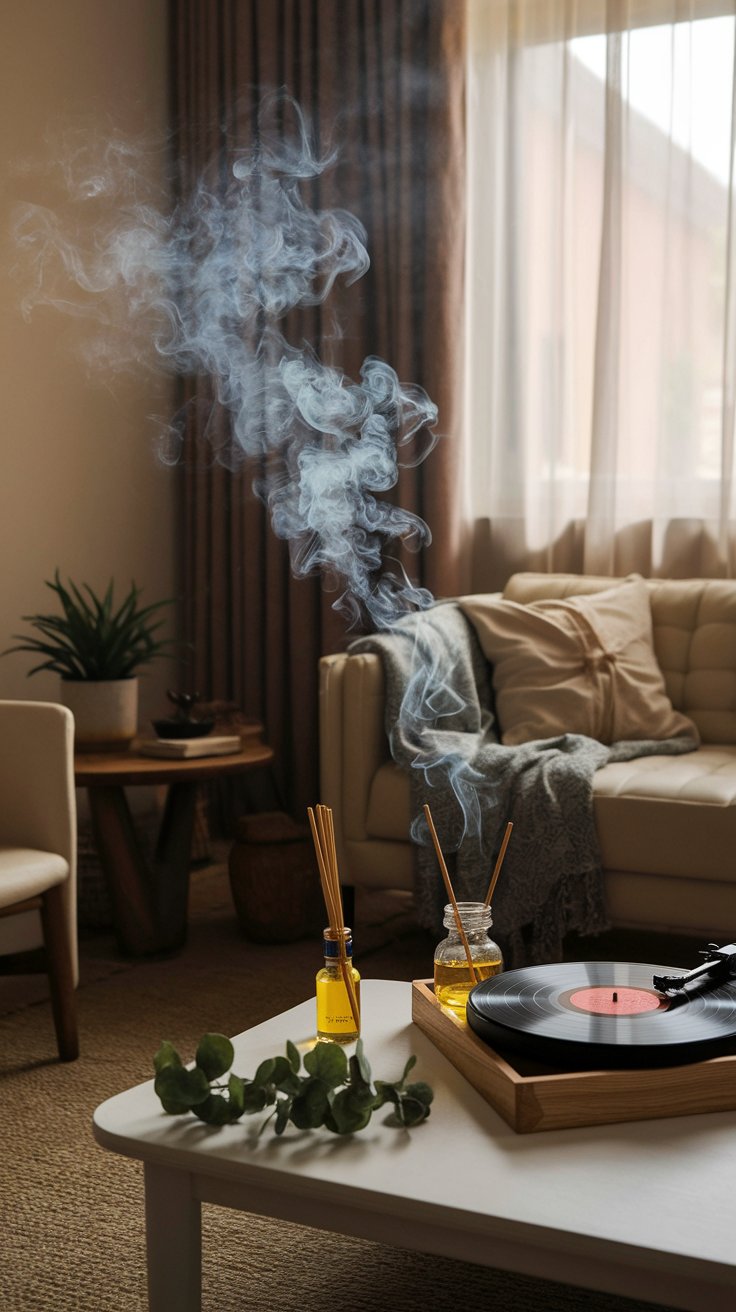 Cozy living room with a white coffee table featuring a spinning vinyl record, reed diffusers, and curling incense smoke rising into the air. A tufted cream sofa with a soft throw, indoor plants, and sheer curtains in warm lighting create a relaxing, sensory-rich atmosphere.