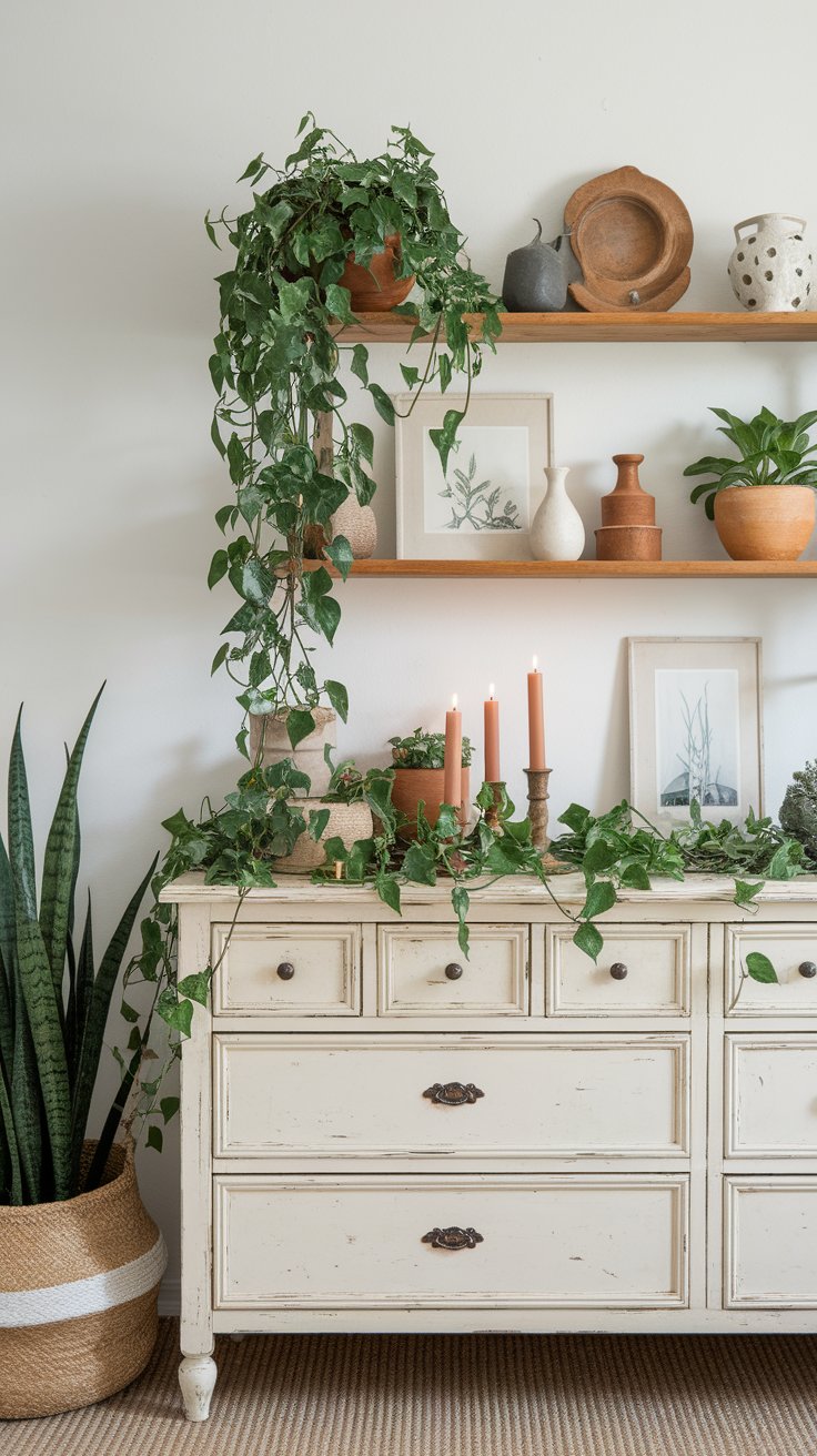 Charming vintage dresser topped with trailing ivy, terracotta pots, and lit taper candles, styled against a white wall with wooden shelves holding earthy ceramics and botanical art. A woven basket planter with a tall snake plant adds height and texture to the natural, cozy decor.