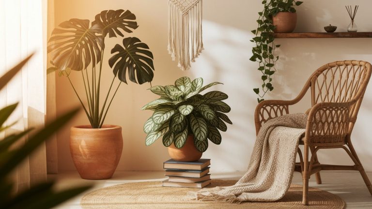 A cozy boho-inspired corner with natural light. A large Monstera in a clay pot sits beside a rattan chair draped with a textured throw. A floating shelf above displays trailing Pothos and a small incense holder. A vintage book stack supports a leafy Calathea, and a macramé plant hanger with vines hangs from the ceiling. The space features earthy tones, layered textures, and relaxed greenery.