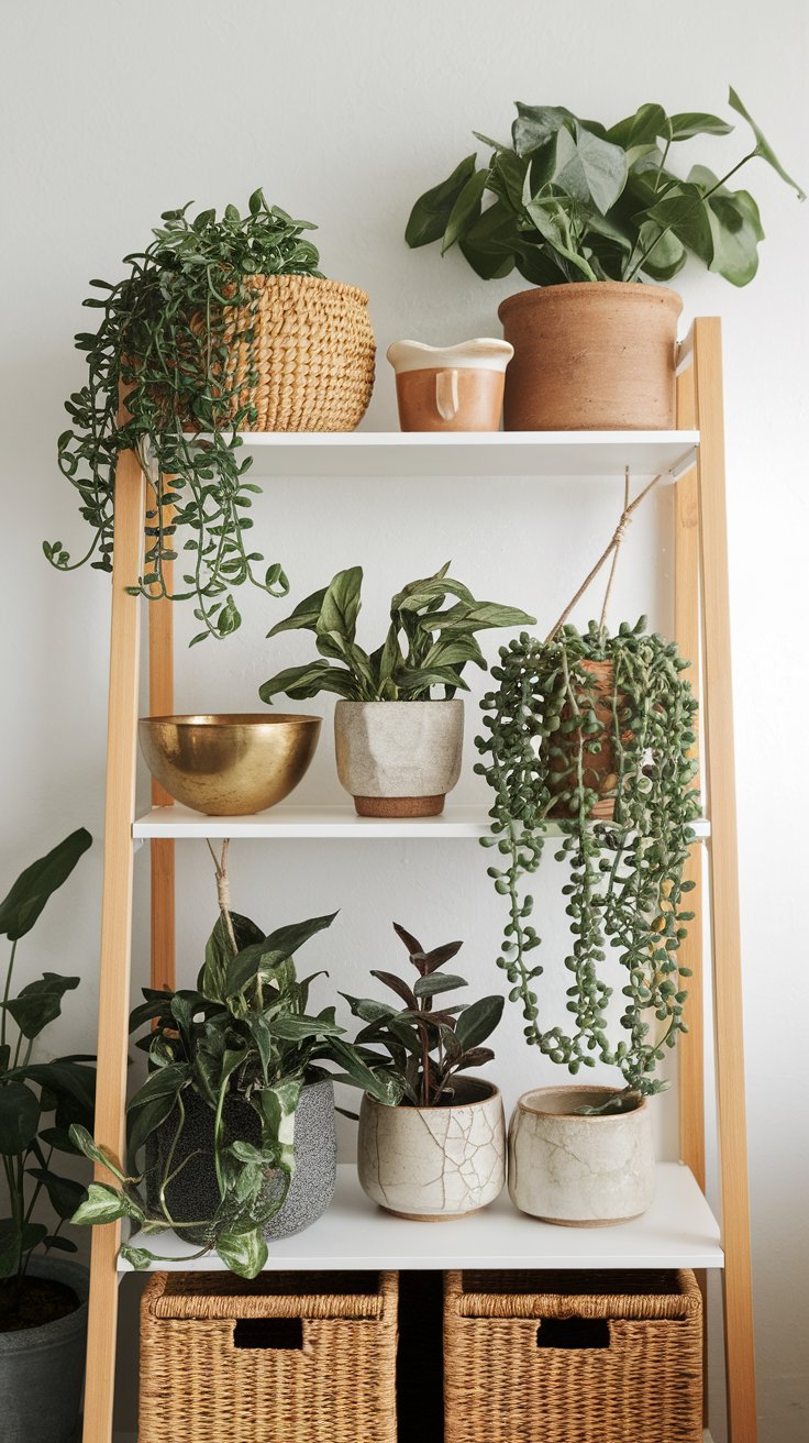 Leaning wooden shelf styled with lush houseplants in ceramic, terracotta, and woven pots, including trailing string of pearls and leafy tropical varieties. Decorative touches like a gold bowl and rustic mugs add warmth, while wicker baskets below provide hidden storage in this cozy, plant-filled corner.