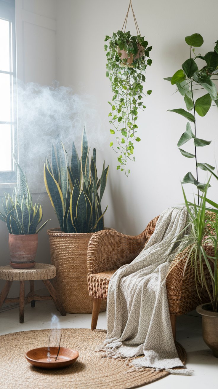 Serene reading nook with a wicker armchair draped in a textured throw, surrounded by snake plants and leafy greenery in terracotta and woven pots. A hanging ivy plant adds height while incense smoke rises from a wooden dish on a round jute rug, enhancing the calming, natural ambiance.