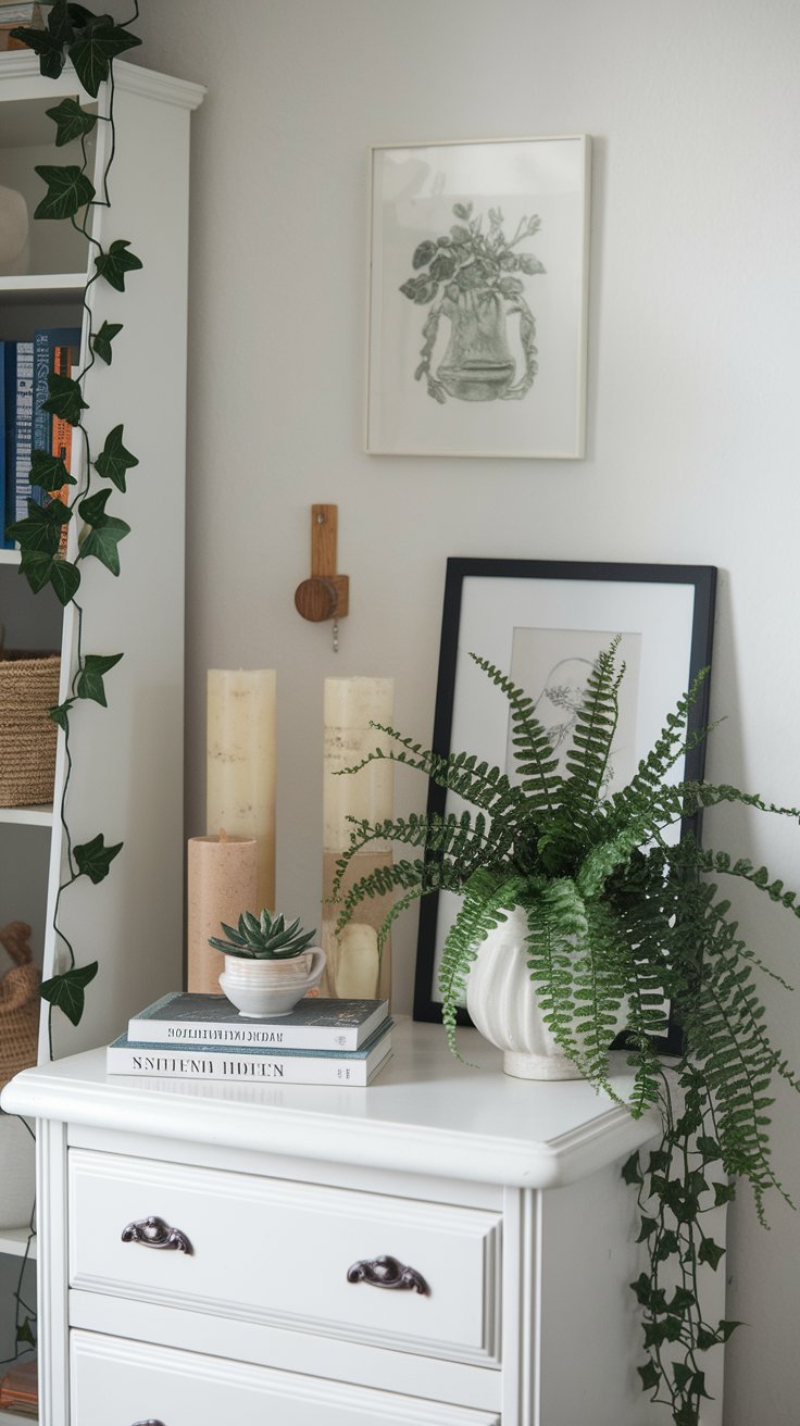 White dresser styled with a lush green fern in a scalloped ceramic pot, stacked books, a small succulent in a teacup planter, and tall cream candles. Botanical art prints and trailing ivy enhance the natural, vintage-inspired decor in this cozy reading nook.White dresser styled with a lush green fern in a scalloped ceramic pot, stacked books, a small succulent in a teacup planter, and tall cream candles. Botanical art prints and trailing ivy enhance the natural, vintage-inspired decor in this cozy reading nook.