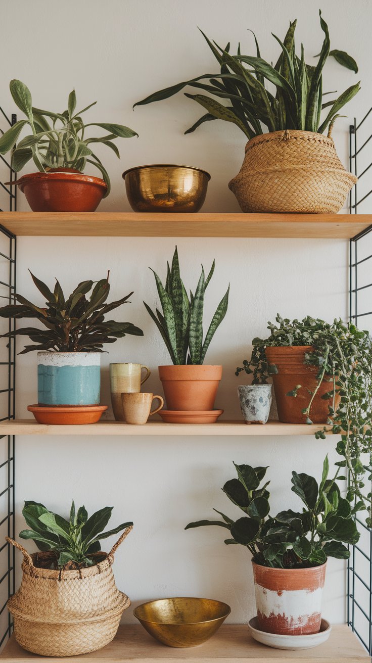 Three-tier wooden wall shelf filled with assorted houseplants in terracotta, ceramic, and woven pots, alongside a few gold bowls and ceramic mugs for a cozy, curated display. Plants include snake plants, trailing vines, and leafy tropical varieties, adding lush greenery to the minimalist, earthy decor.