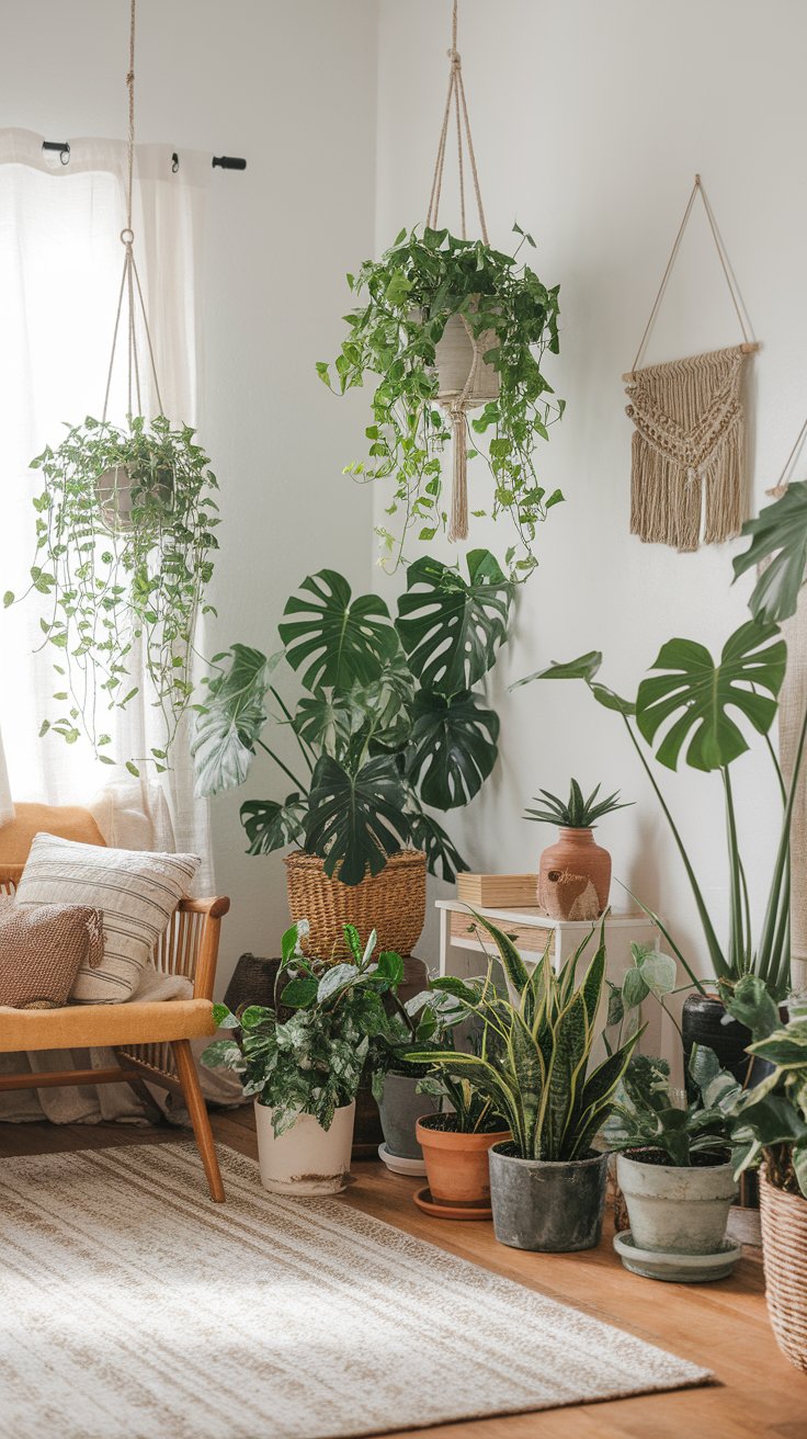 Sunlit living room filled with a lush variety of indoor plants, including hanging pothos, large monstera, snake plant, and potted greenery in woven and ceramic containers. Neutral textiles, a wooden bench with throw pillows, and macramé wall hangings add warmth and texture to the inviting, bohemian space.