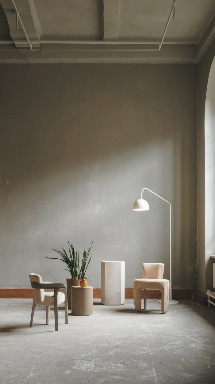 Minimalist interior with a muted gray wall, featuring two sculptural chairs, a white floor lamp, and a tall snake plant in a cylindrical planter. The space is sparsely styled with clean lines, neutral tones, and an industrial-modern aesthetic.