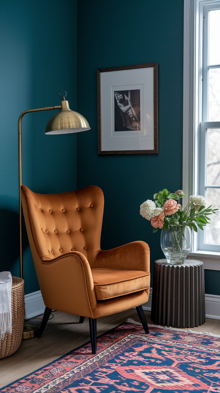 Stylish reading corner with a burnt orange tufted armchair under a brass floor lamp, set against deep teal walls. A fluted side table holds a glass vase of fresh hydrangeas and roses, while a vibrant patterned rug adds warmth and contrast to the cozy, modern space.