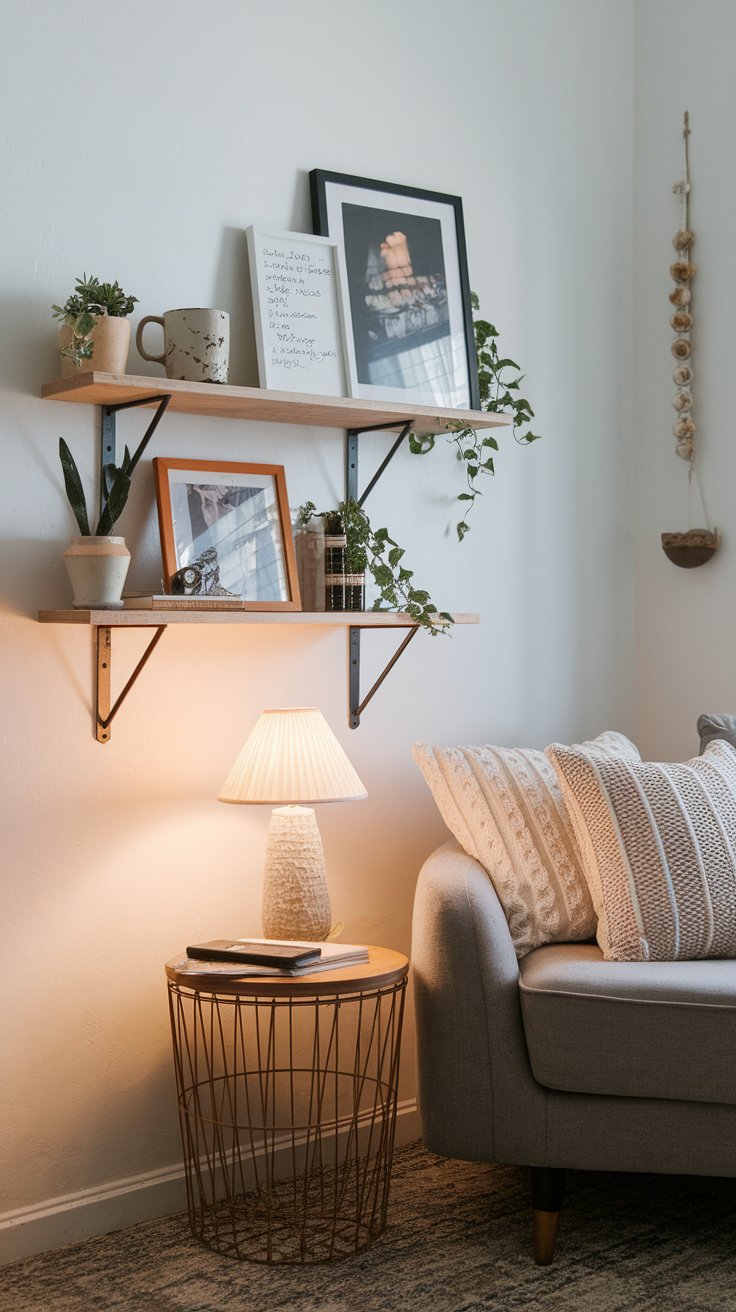 Inviting corner with a cozy gray sofa layered in textured cream pillows, a wire-frame side table with a glowing lamp, and wooden wall shelves above styled with framed art, small plants, and books. Warm ambient lighting and trailing greenery create a relaxed, personal atmosphere.